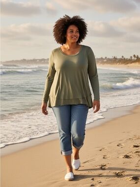 Barefoot Dreams Malibu Collection Olive Layered-Hem Long Sleeve Top Size 2x